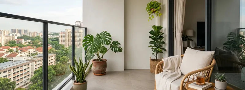 Sacada de apartamento limpa com plantas e piso seco