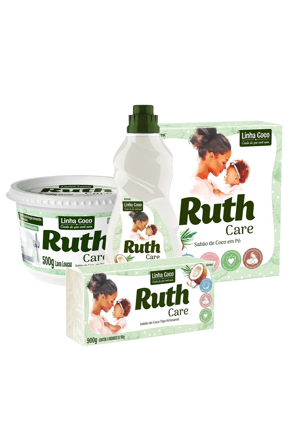 Kit Ruth Care: 1 Sabão Liquido Coco 500ml + 1 Sabão em Pasta Coco 500g + 1 Sabão em Pedra 5x180g + 1 Sabão em Pó Cartucho 500g