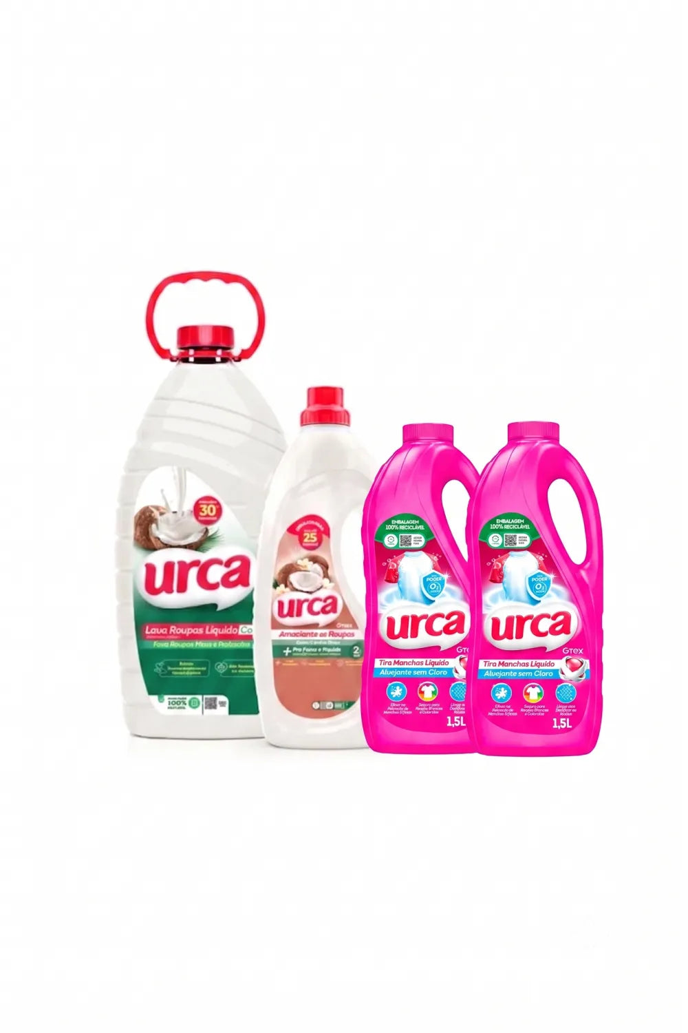Kit 1 Sabão Liquido Urca Coco 3l + 1 Amaciante Diluido Urca Coco 2l + 2 Alvejantes Tira Manchas Urca - 1,5l