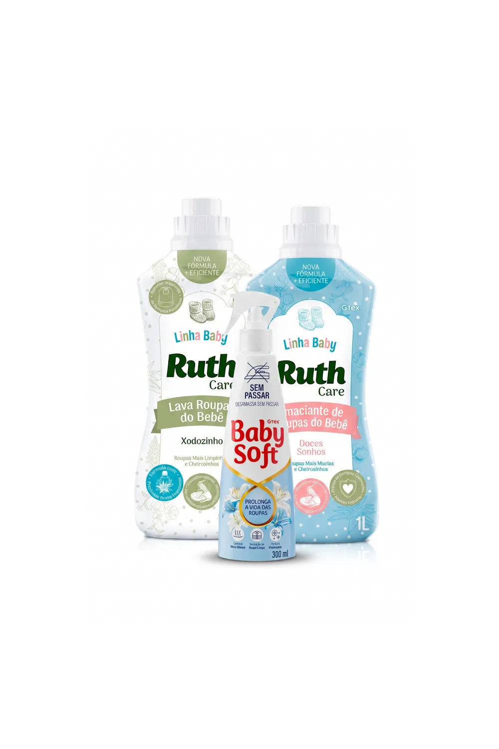 Kit Sabão Líquido Ruth Care Baby Xodozinho - 1L + Amaciante Diluído Ruth Care Baby Doces Sonhos - 1L + Sem Passar Baby Soft - 300ML