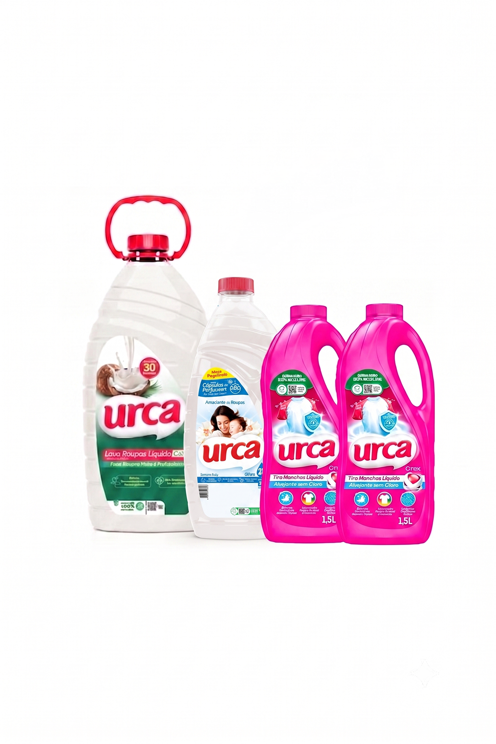Kit 1 Sabão Liquido Urca Coco 3l + 1 Amaciante Diluido Urca Coco 2l + 2 Alvejantes Tira Manchas Urca - 1,5l